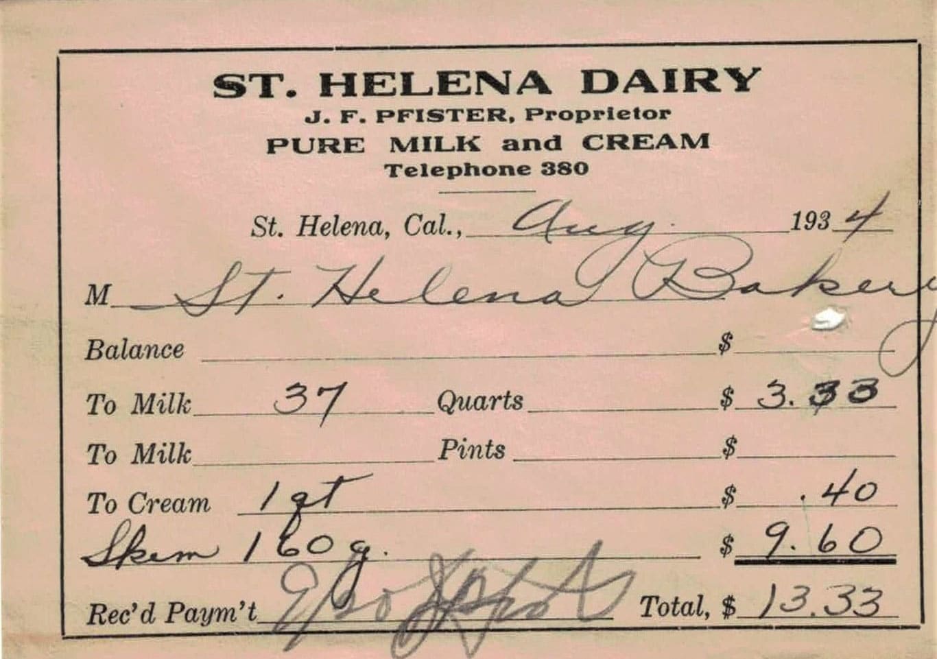 1934 St. Helena Dairy milk receipt