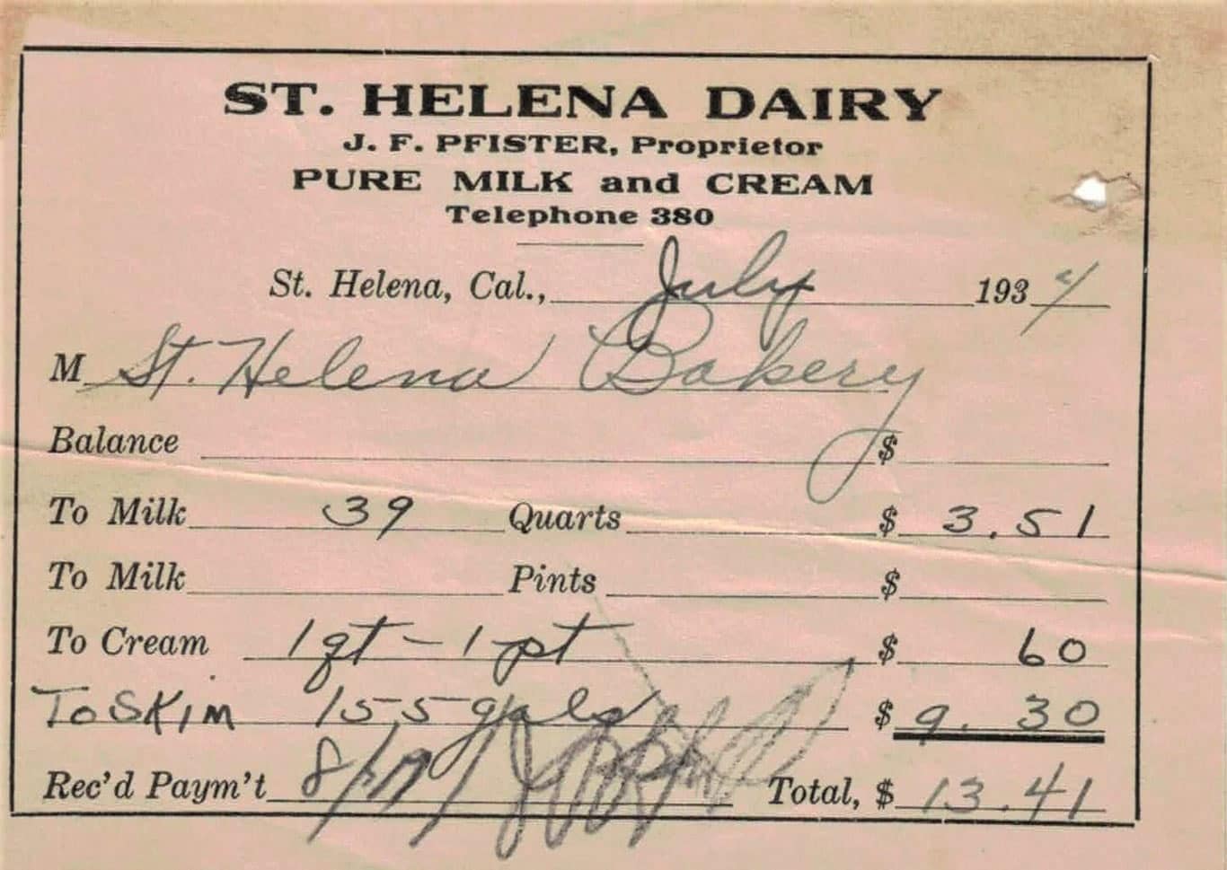 Vintage St. Helena Dairy milk and cream receipt