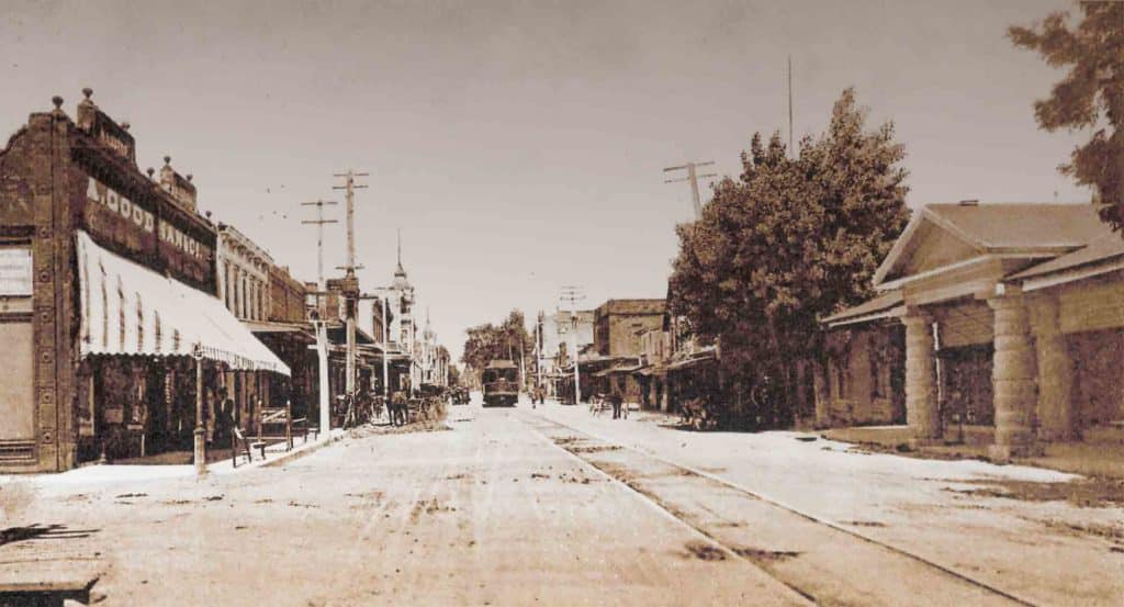 Historic downtown street with old buildings and shops