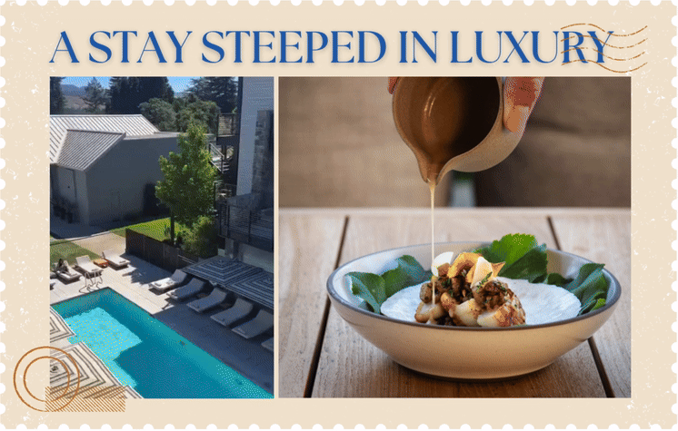 Luxury hotel pool and gourmet dining experience.
