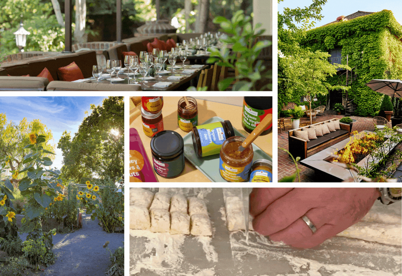Outdoor dining, gardens, gourmet products, and handmade artisan bread.
