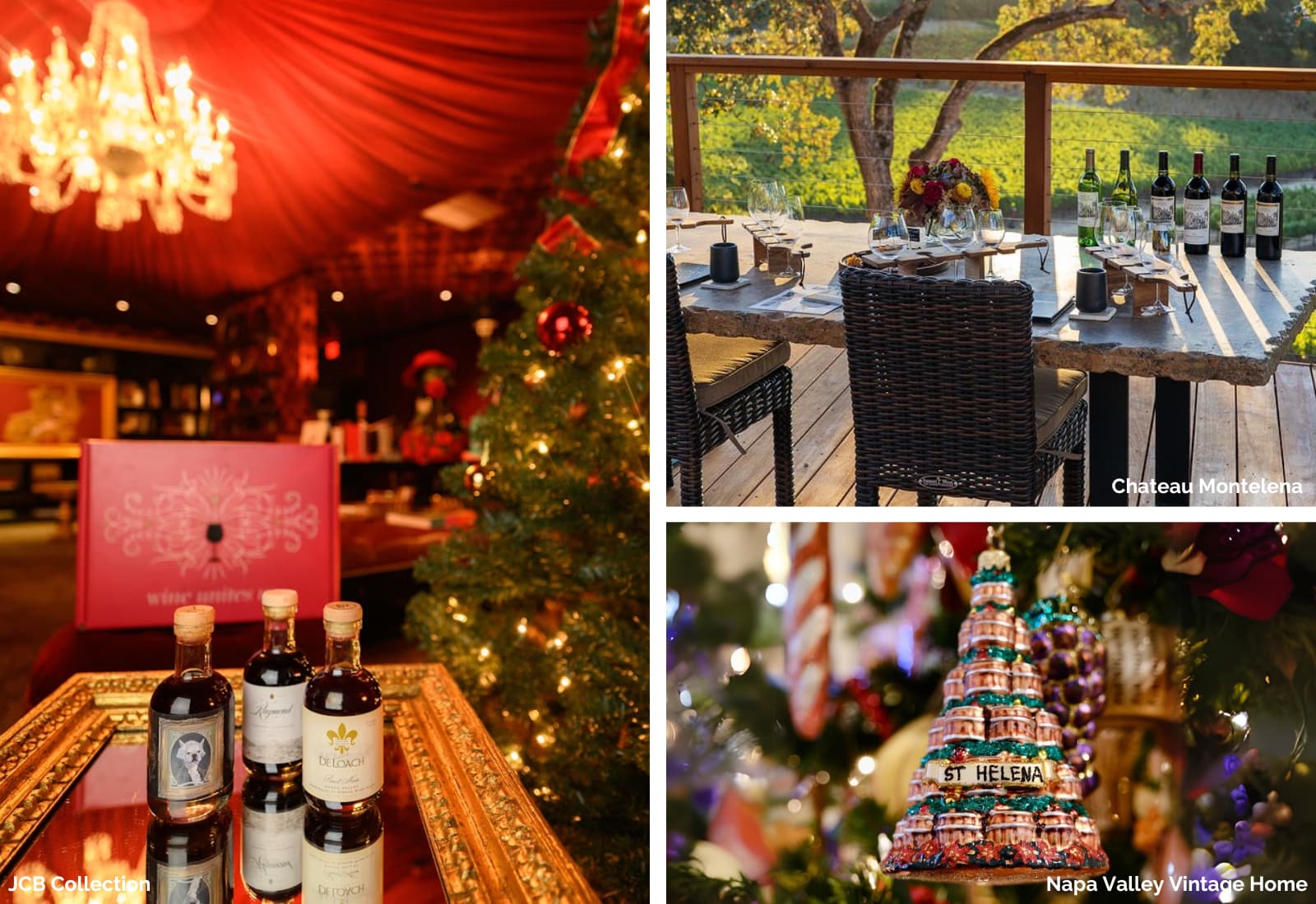Holiday decor with wine and festive table settings.
