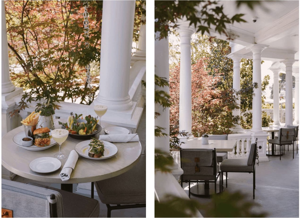 Outdoor dining area with food and drinks on table