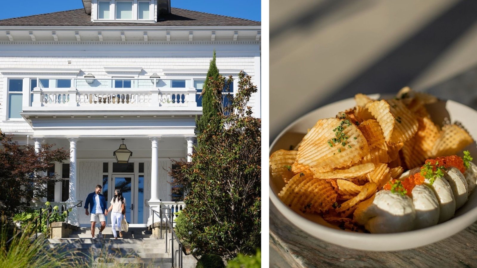 Couple outside house, bowl of chips