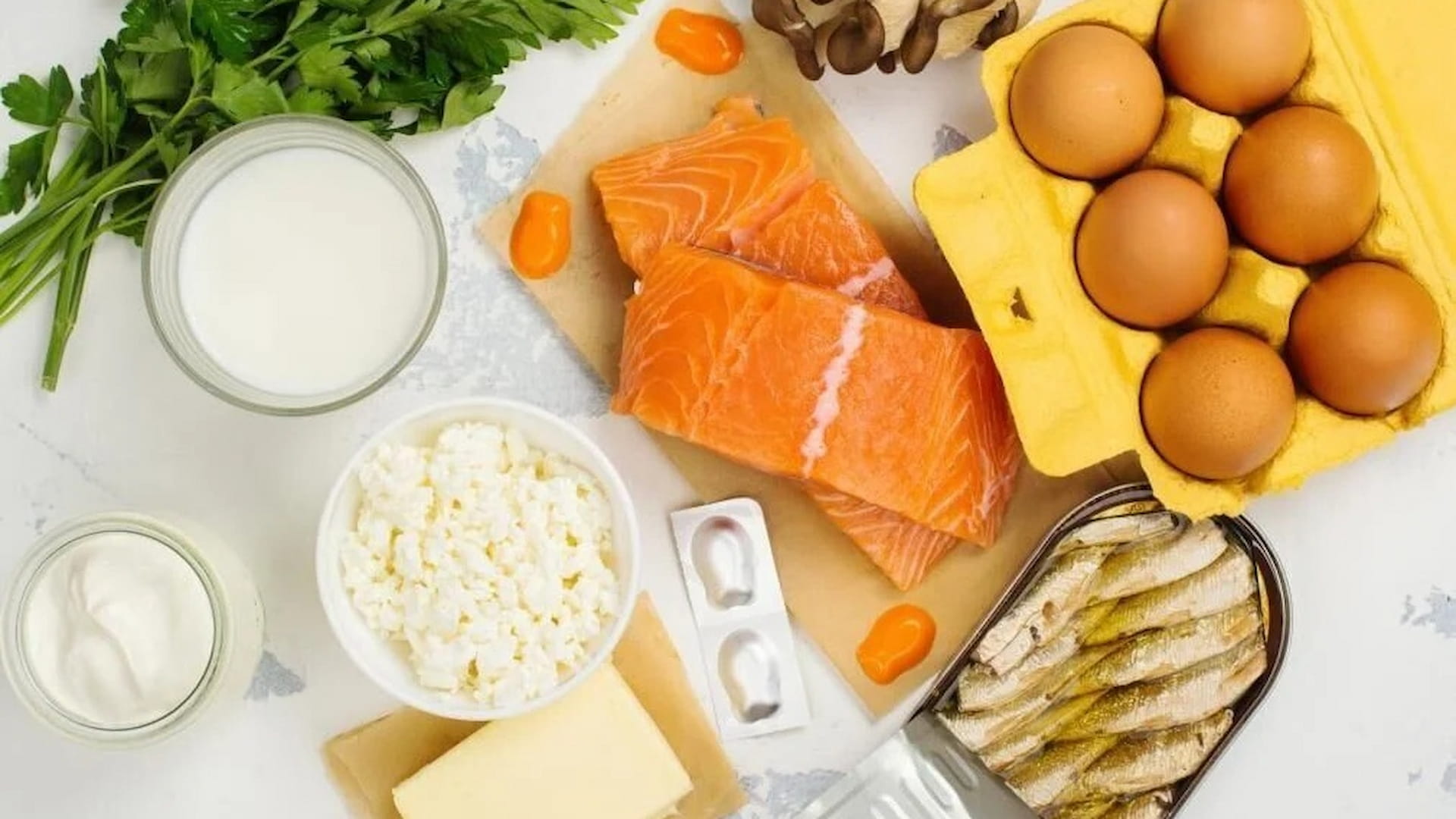 Vitamin D-rich foods: eggs, salmon, milk, cheese, sardines.