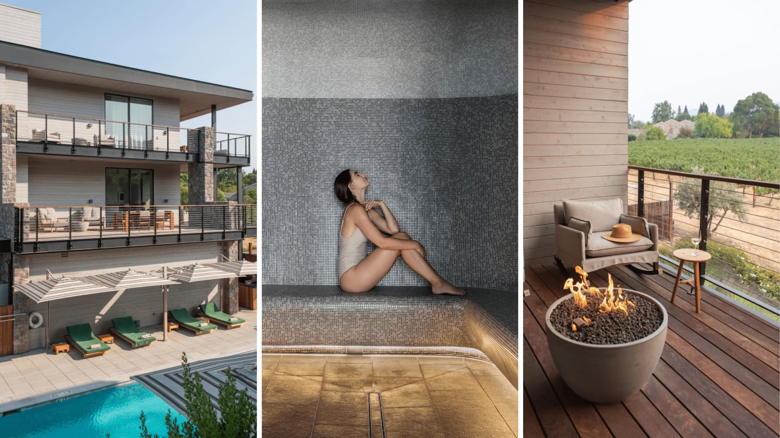 Luxury spa hotel with pool, steam room, and balcony.