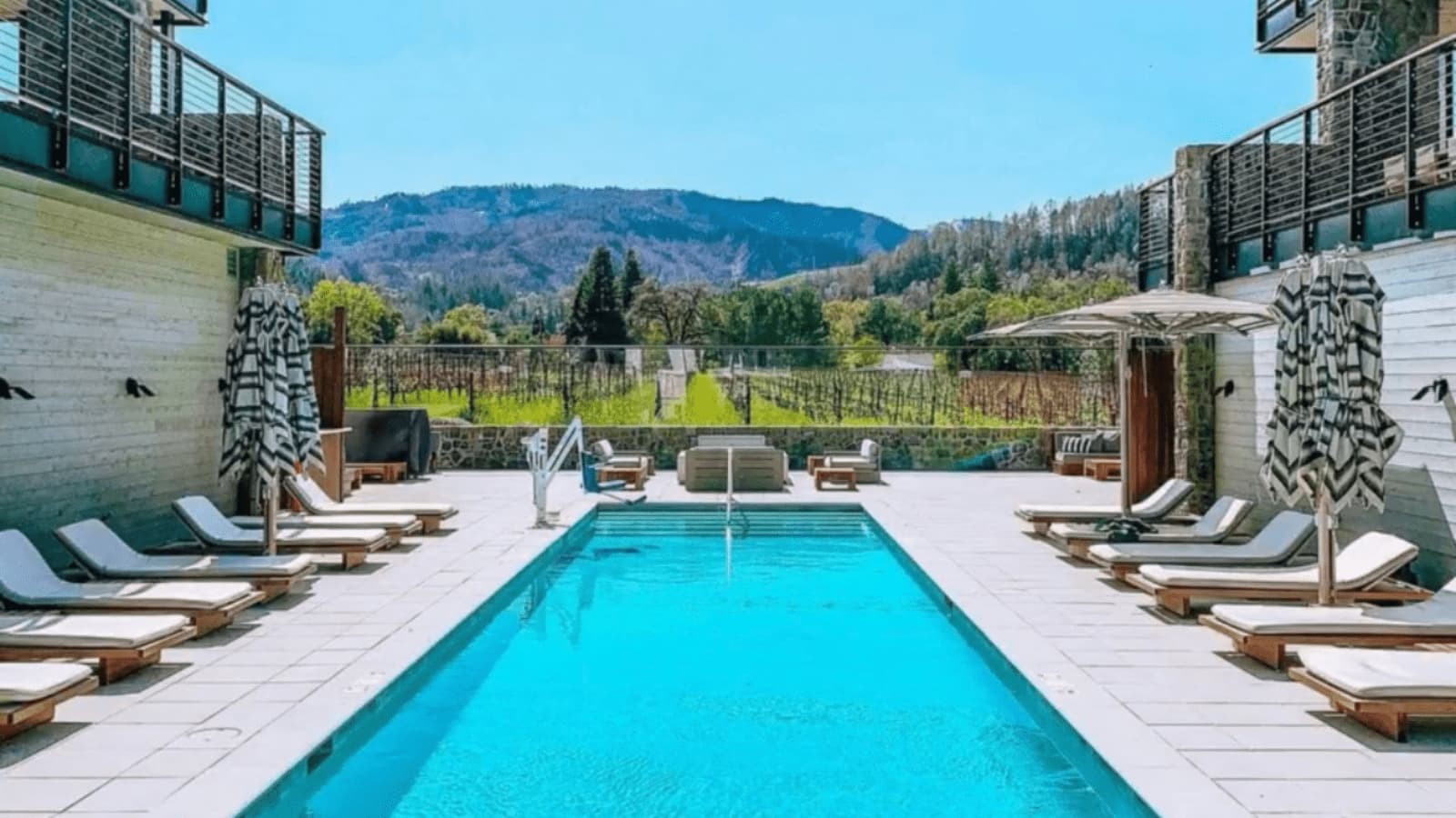 Outdoor pool with mountain and vineyard views
