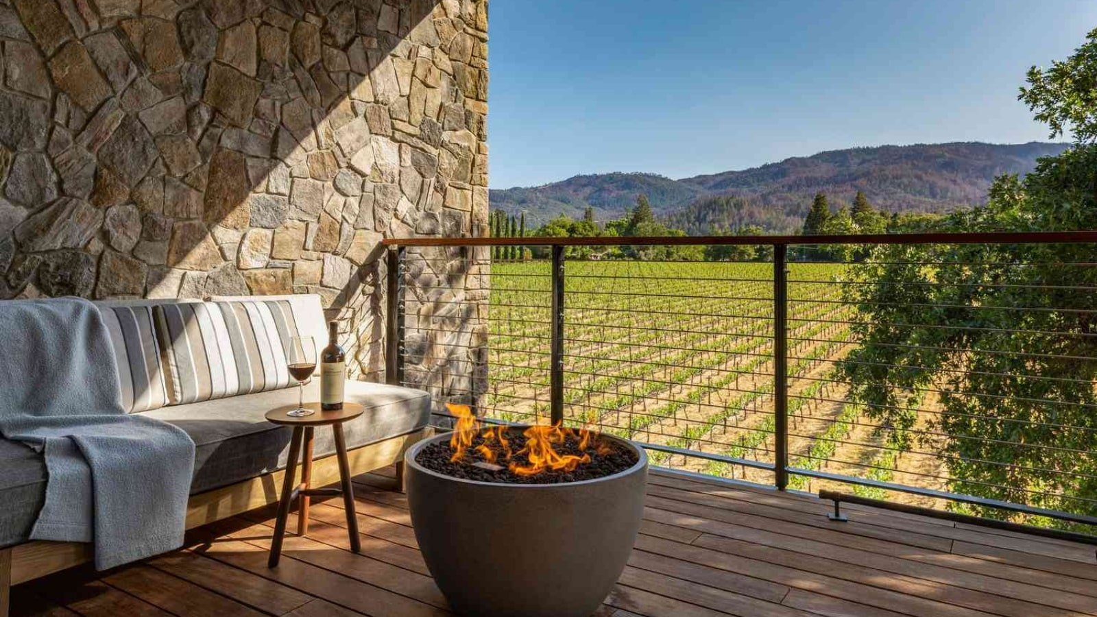 Patio with vineyard view and fire pit.