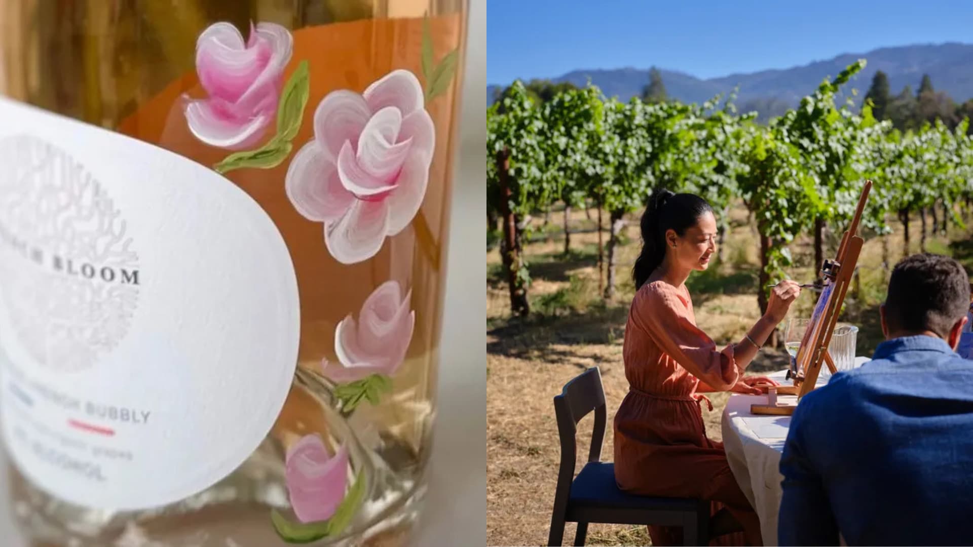 Wine bottle and outdoor painting in vineyard