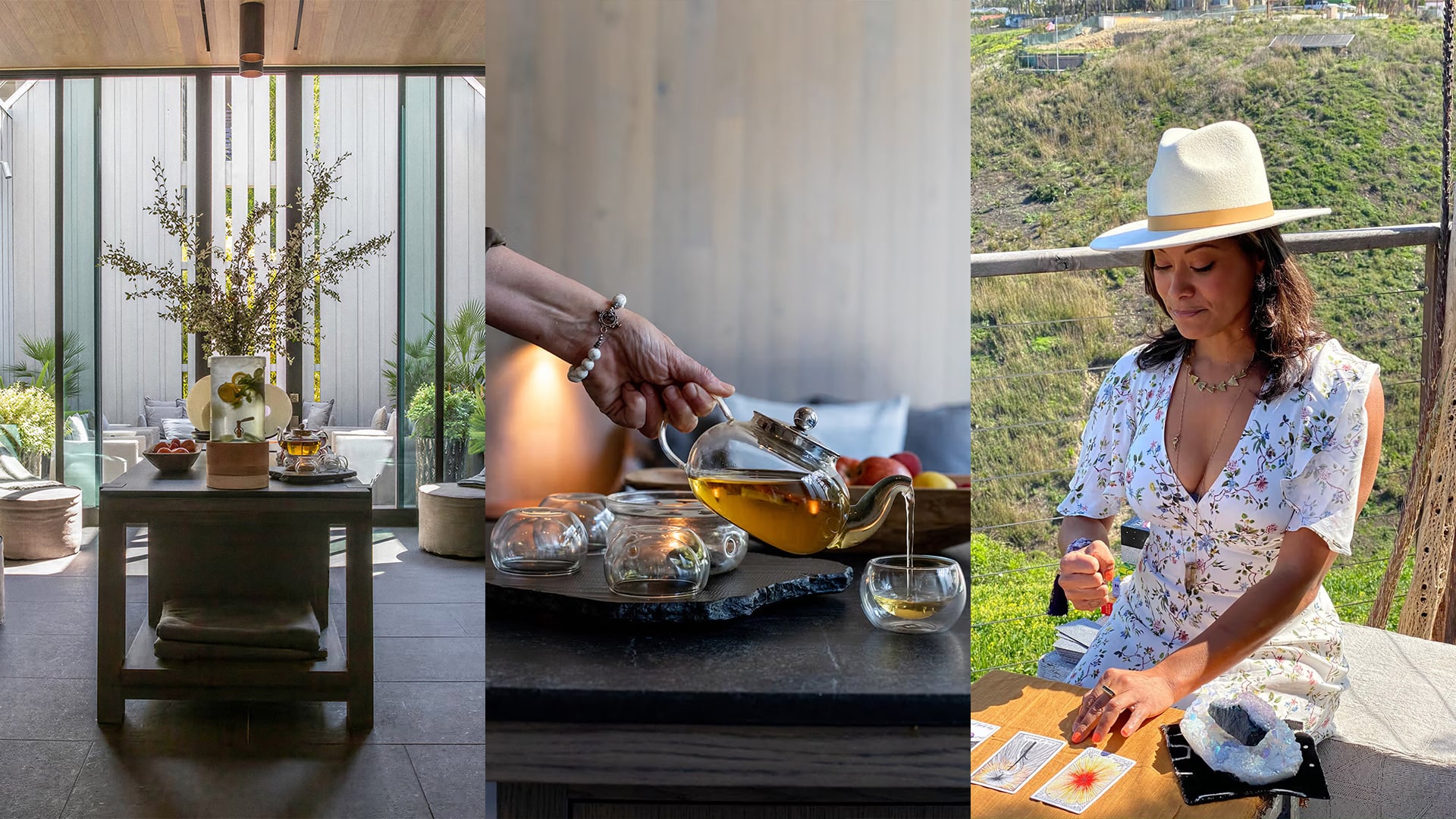 Wellness retreat scenes featuring tea, meditation space, and tarot reading