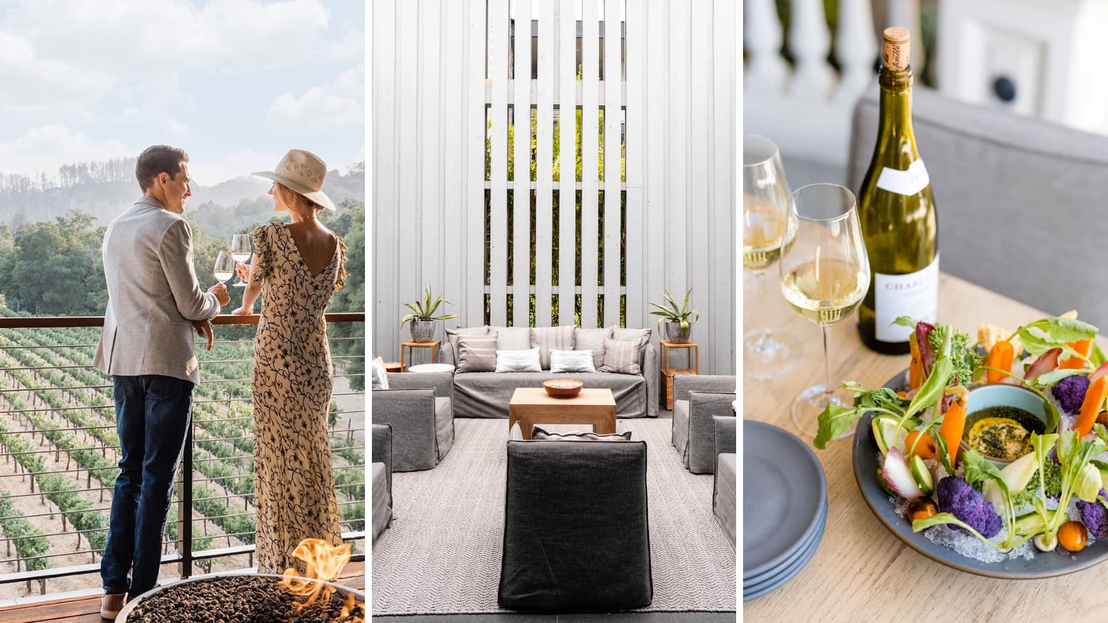 Couple, outdoor lounge, and wine with salad