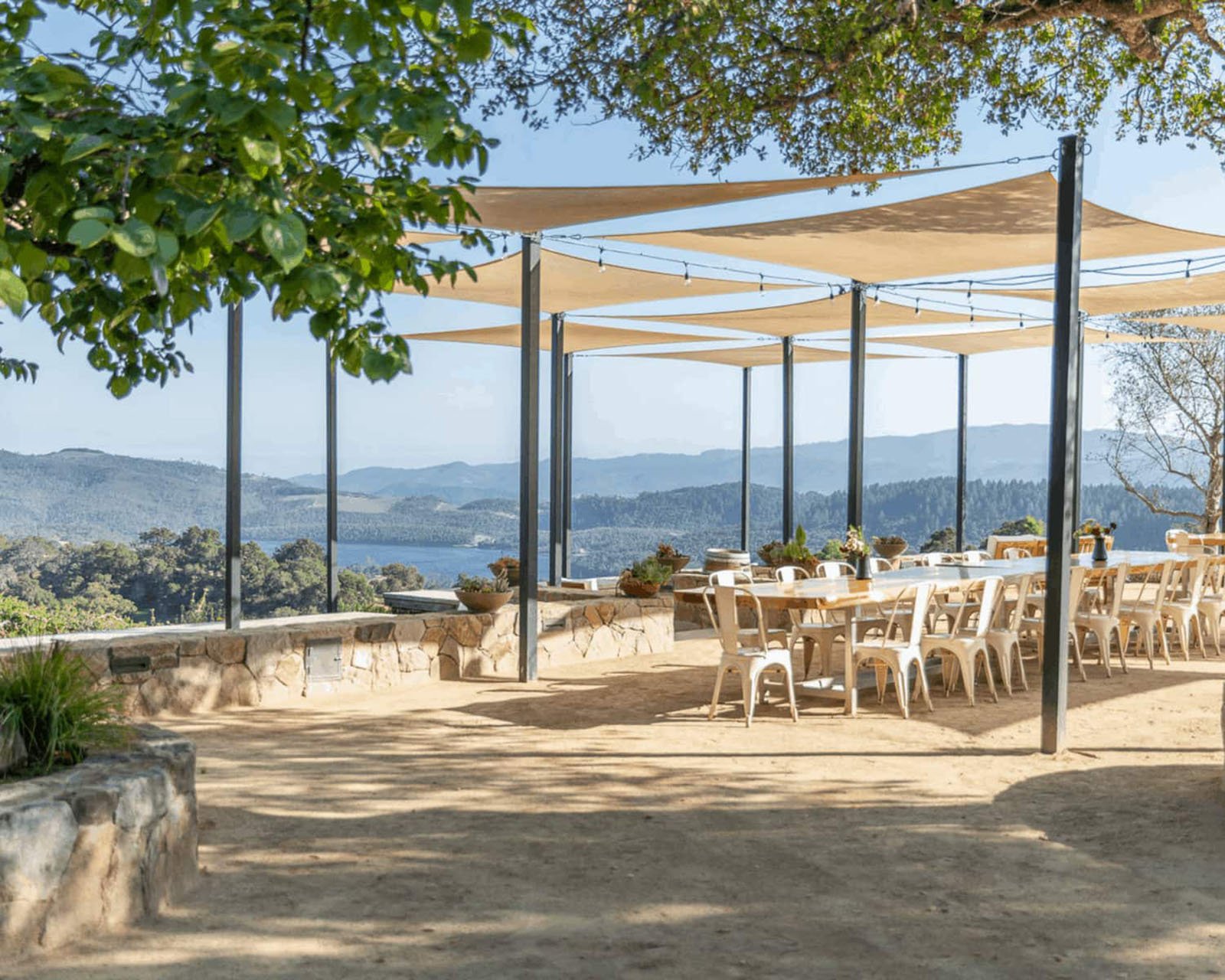 Outdoor dining area with mountain view