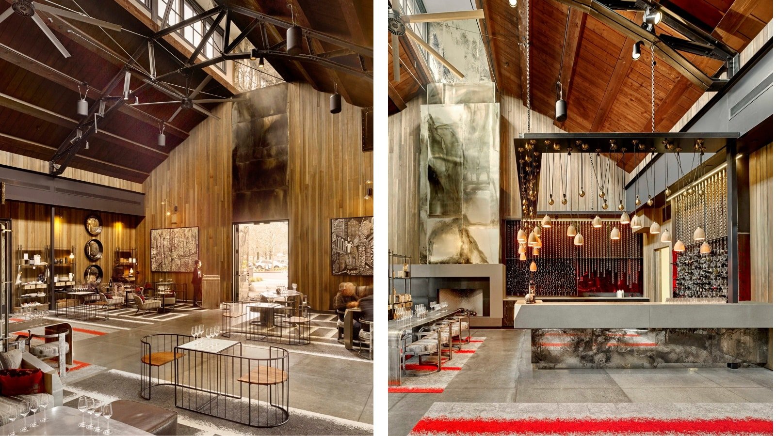 Modern wine tasting room with high ceilings and decor.