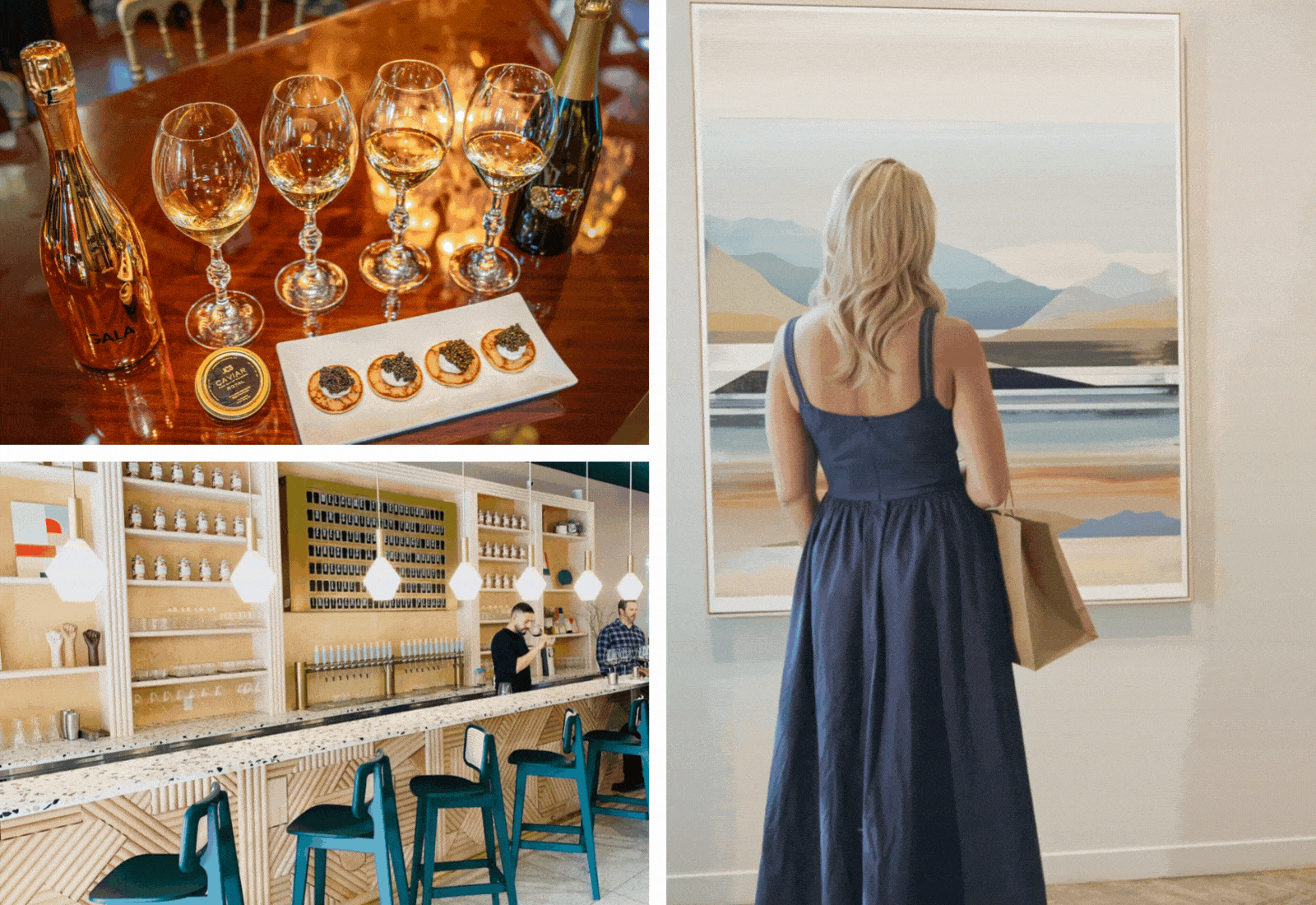 Wine tasting, art viewing, and modern bar scene.