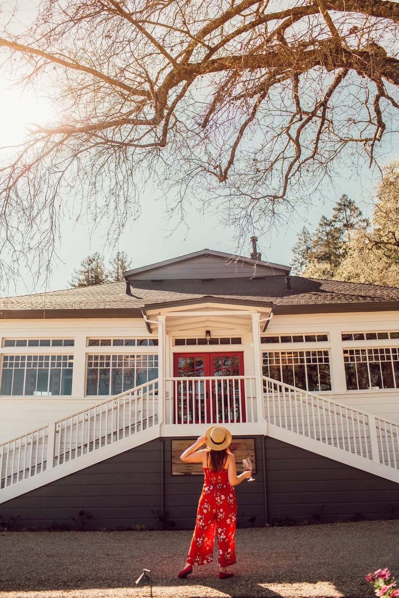 Woman in red dress facing a house