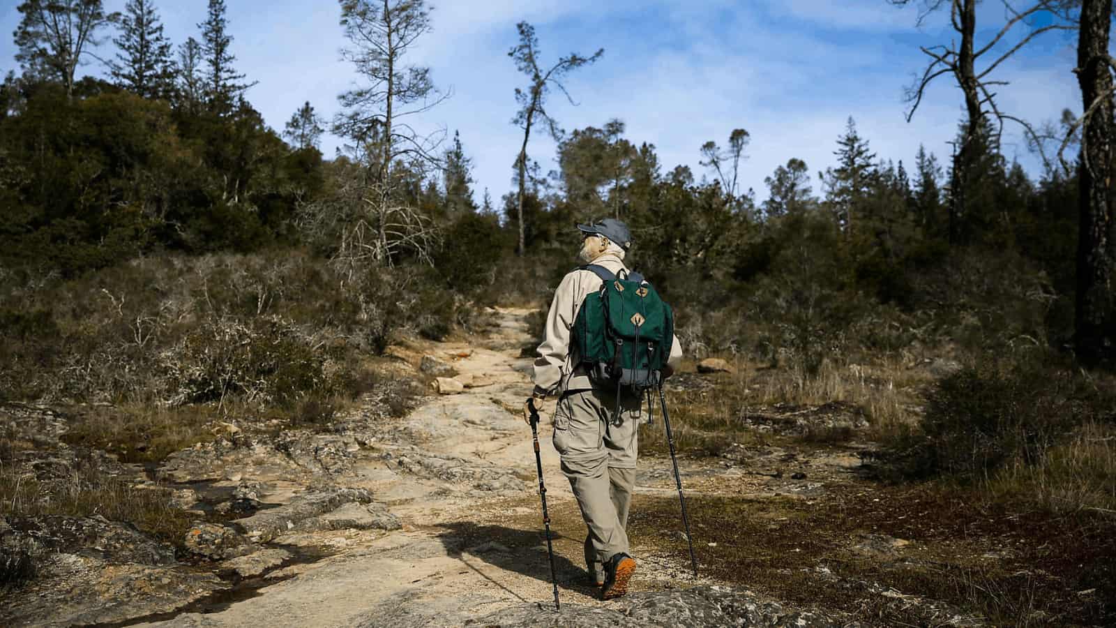 Man hiking through forest trail with backpack
