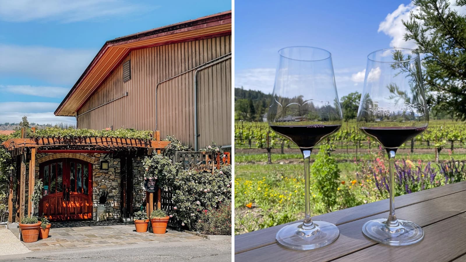Winery entrance and two wine glasses in vineyard.