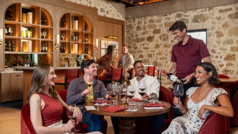 Friends enjoy wine tasting at an elegant winery lounge.