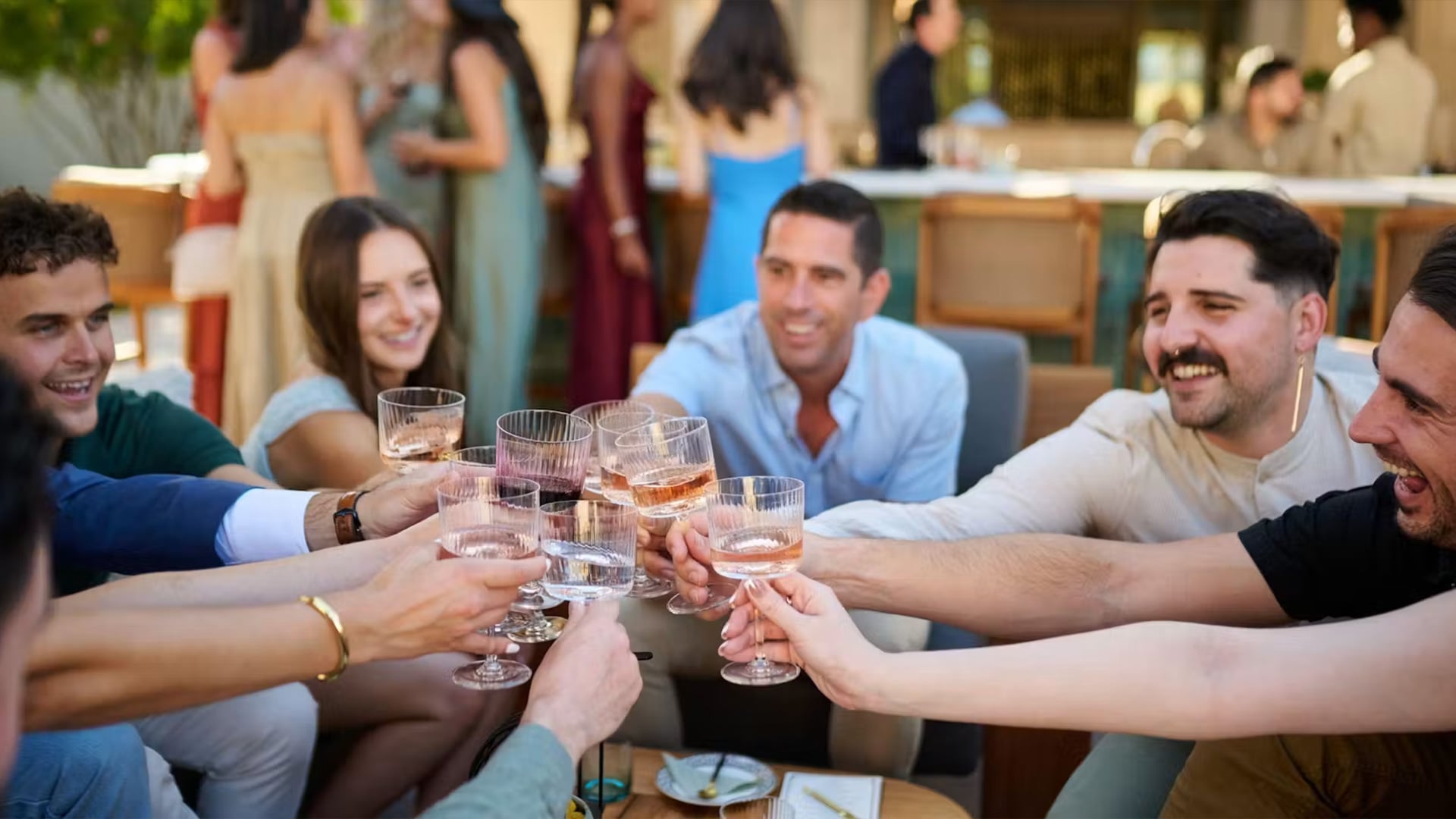 Friends toasting drinks at outdoor party