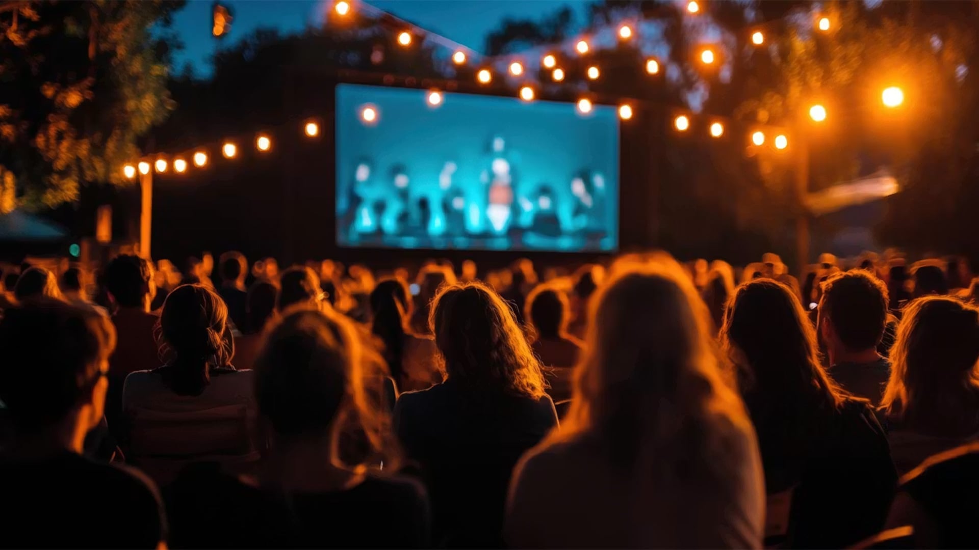 Outdoor movie screening with audience at night
