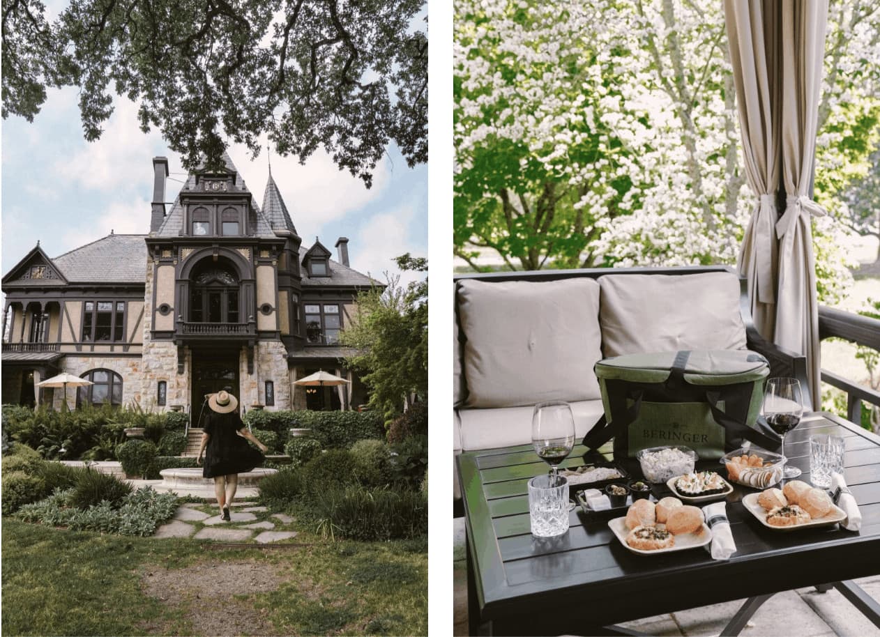 Victorian mansion and outdoor picnic setup