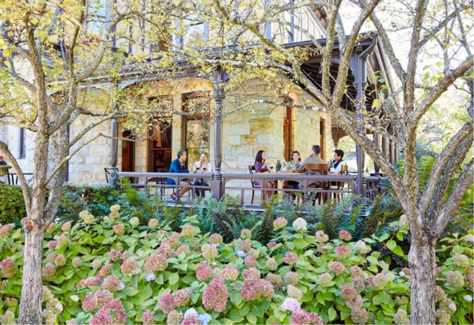 People dining on a garden terrace