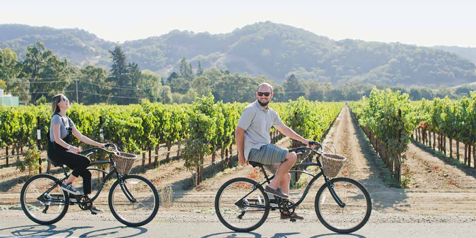 Couple biking through vineyard with mountains in background.