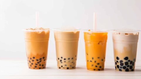 Various flavors of bubble tea with tapioca pearls