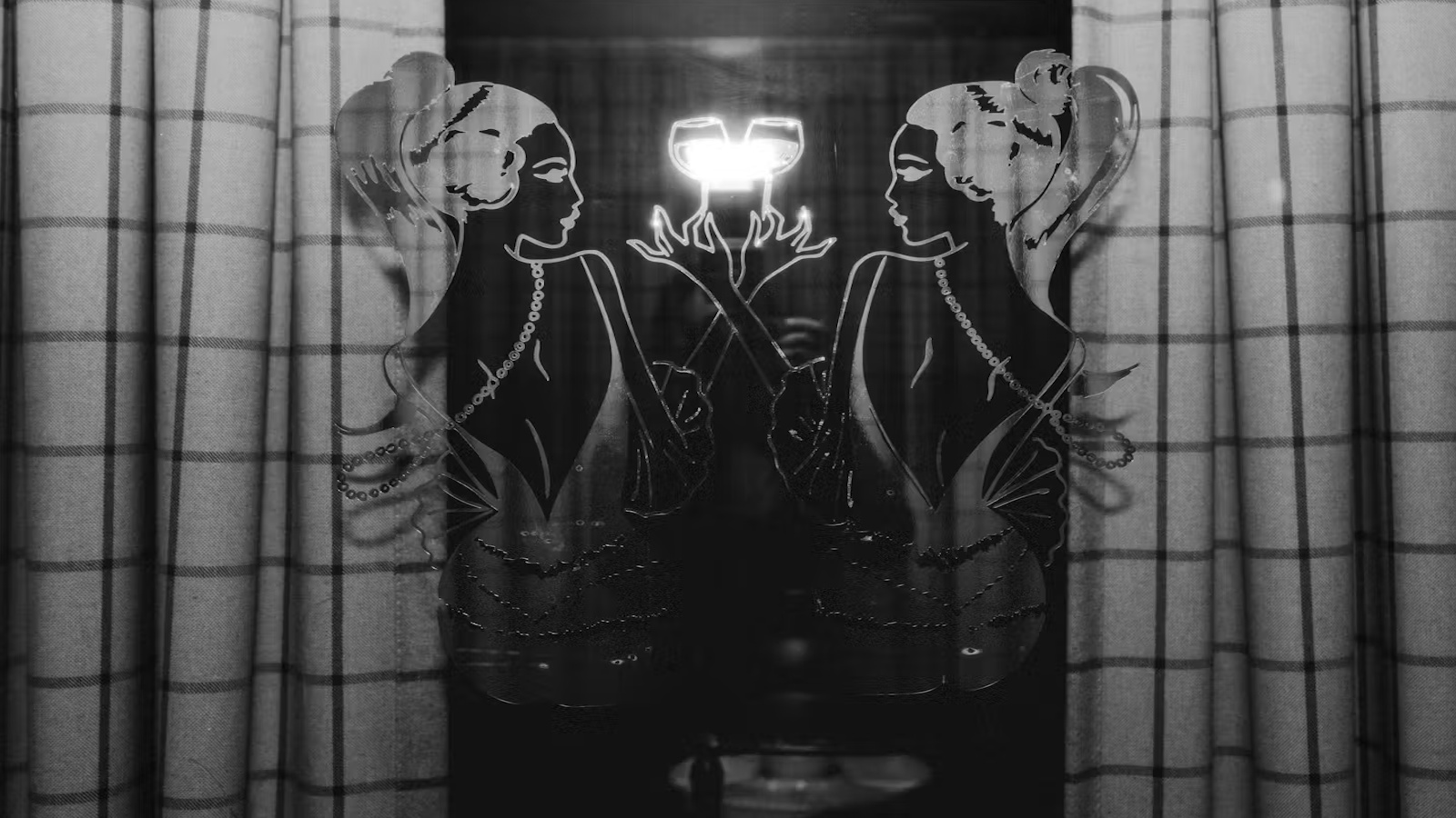 Art deco design on glass with curtains backdrop