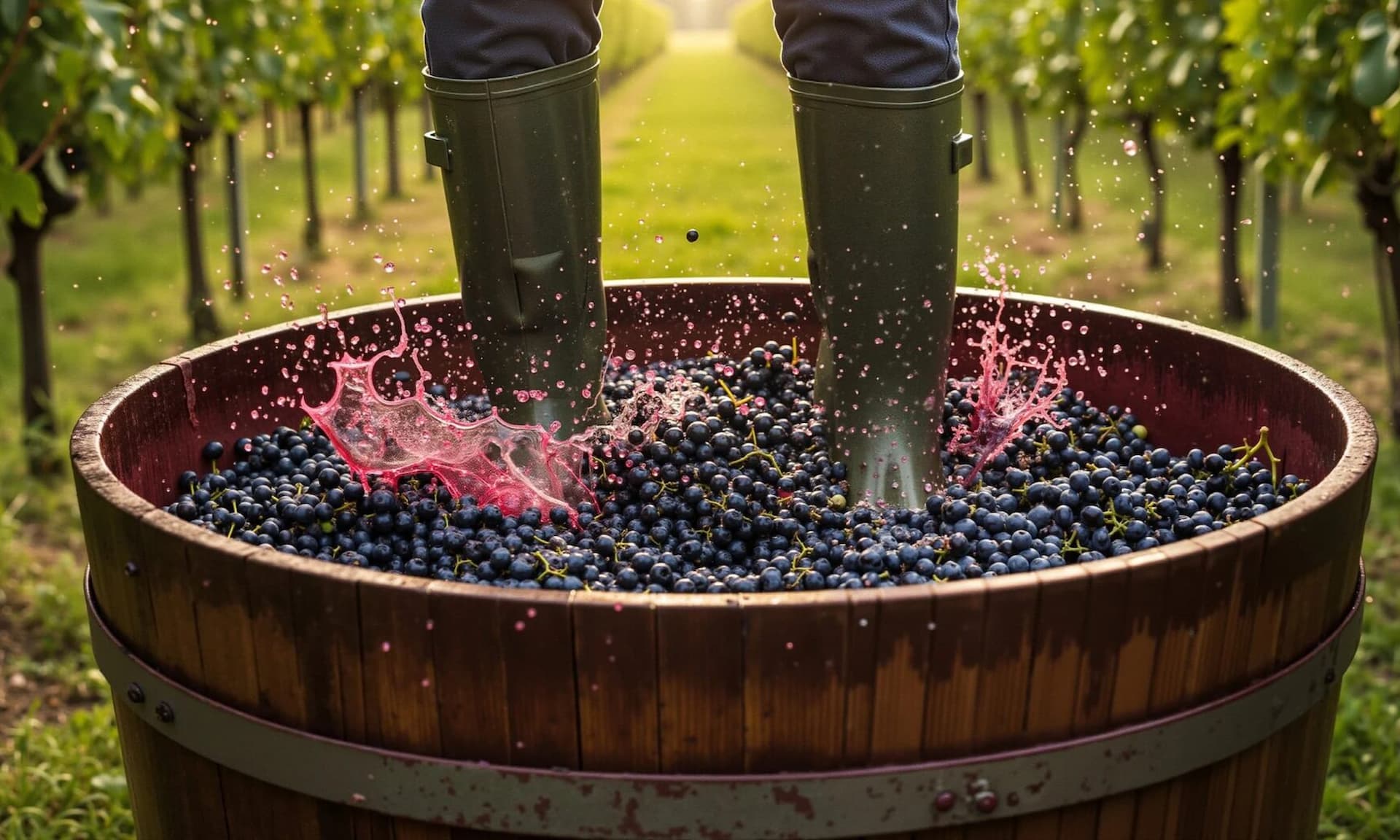 Person stomping grapes in wooden barrel