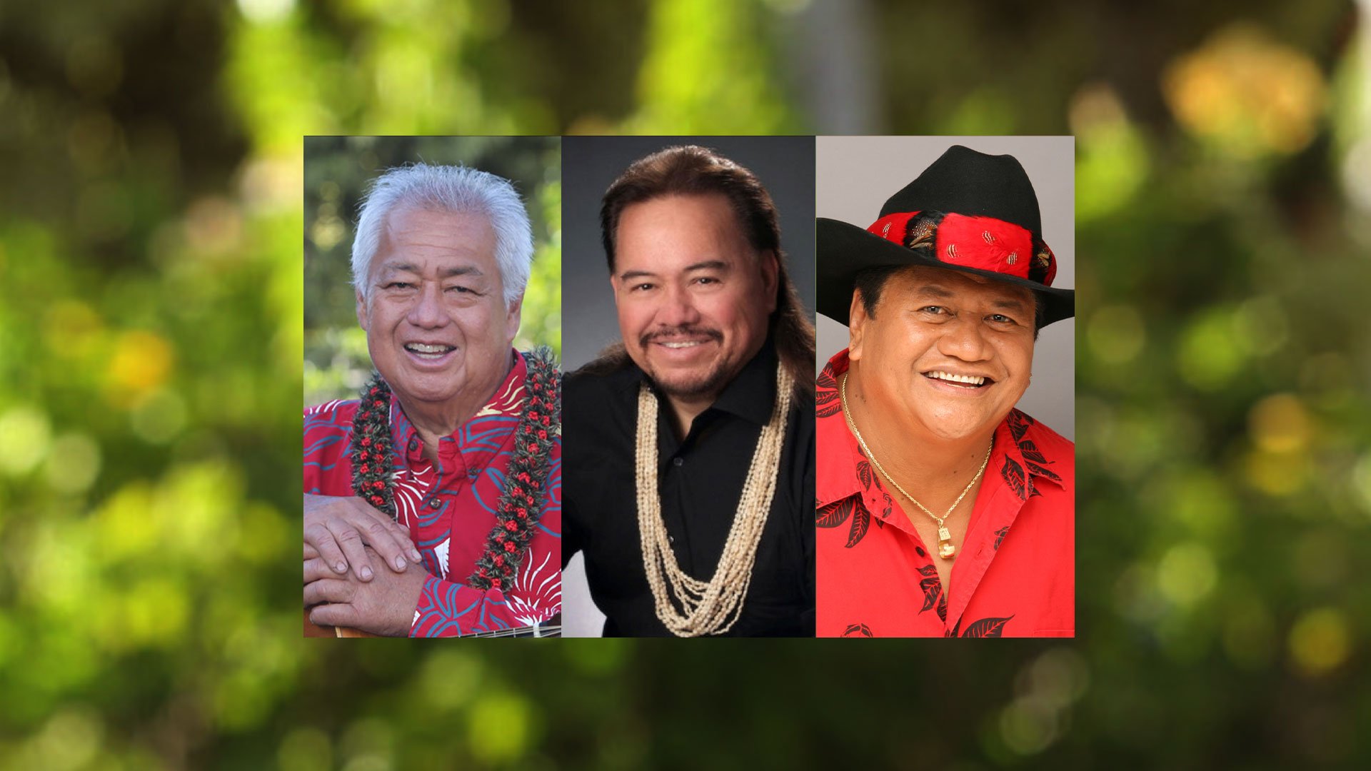 Three smiling men in Hawaiian attire