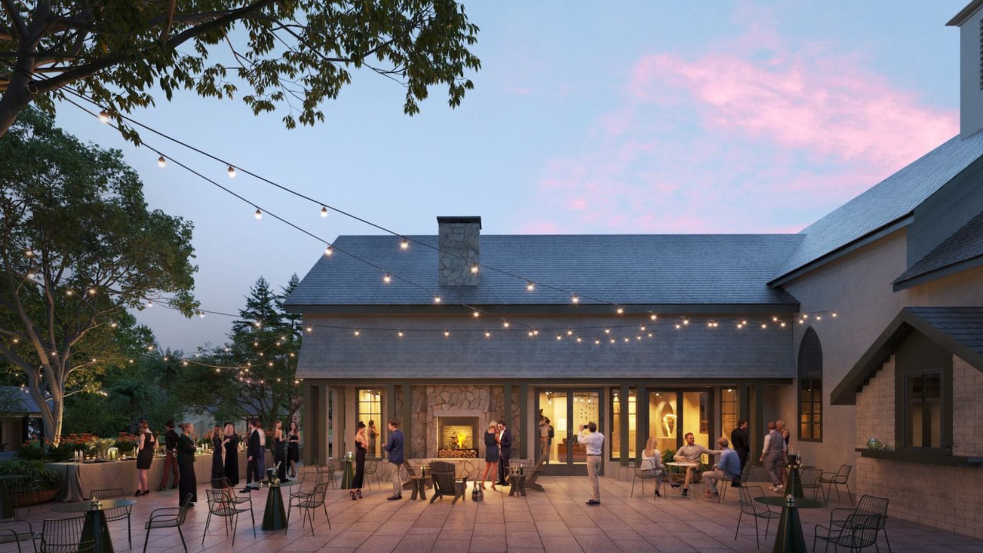 Evening garden party under string lights.