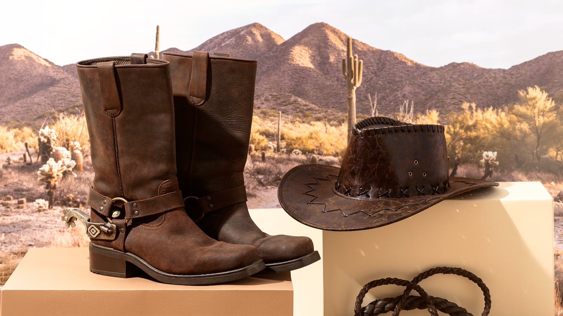 Brown cowboy boots and hat against desert mountains