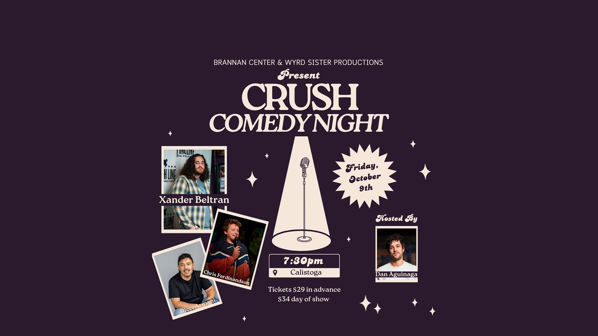 Crush Comedy Night poster featuring four comedians and event details