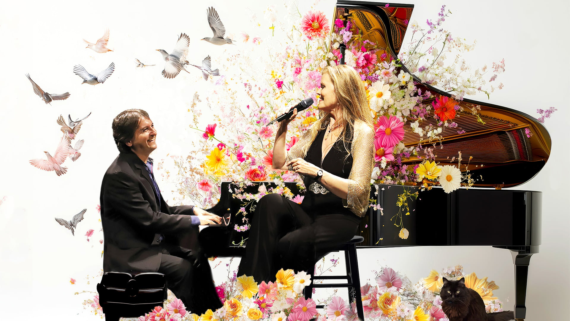 Singer and pianist beside flower-covered grand piano
