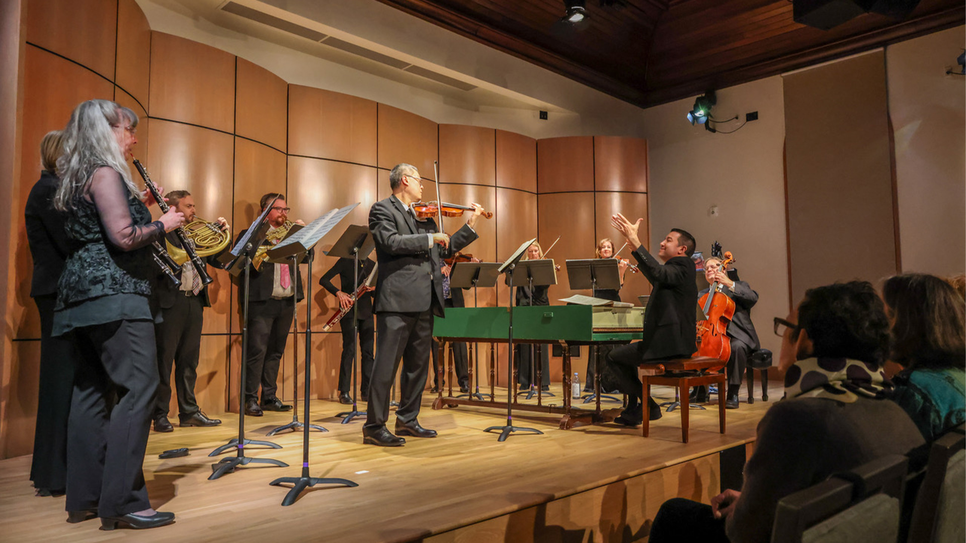 Chamber orchestra performing on stage with conductor