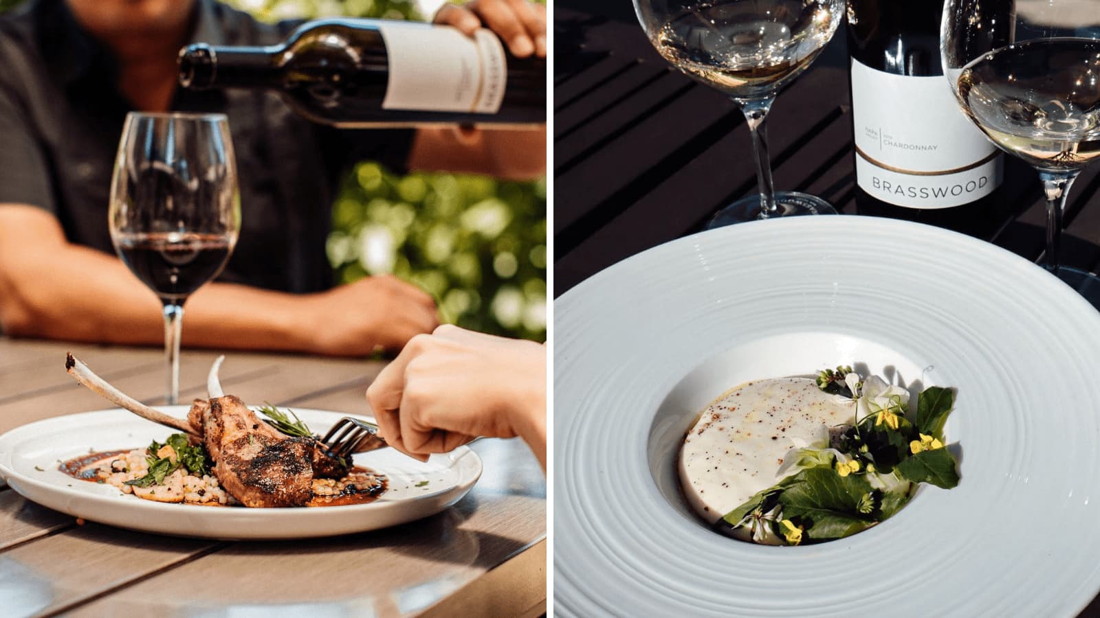 Wine and gourmet dishes served at a restaurant.