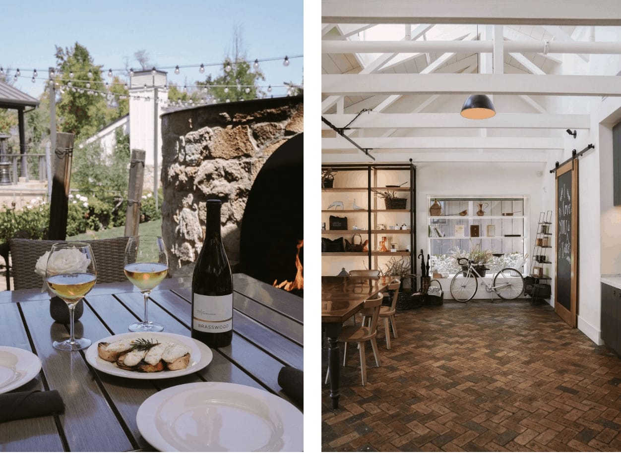 Outdoor dining and cozy interior dining spaces.