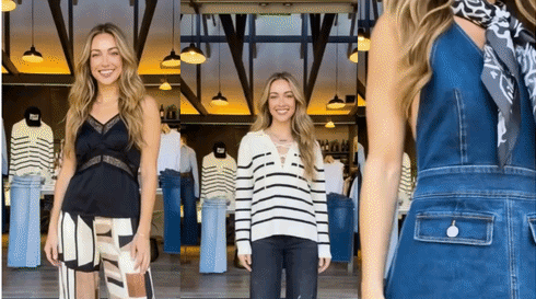 Woman modeling stylish outfits in boutique setting