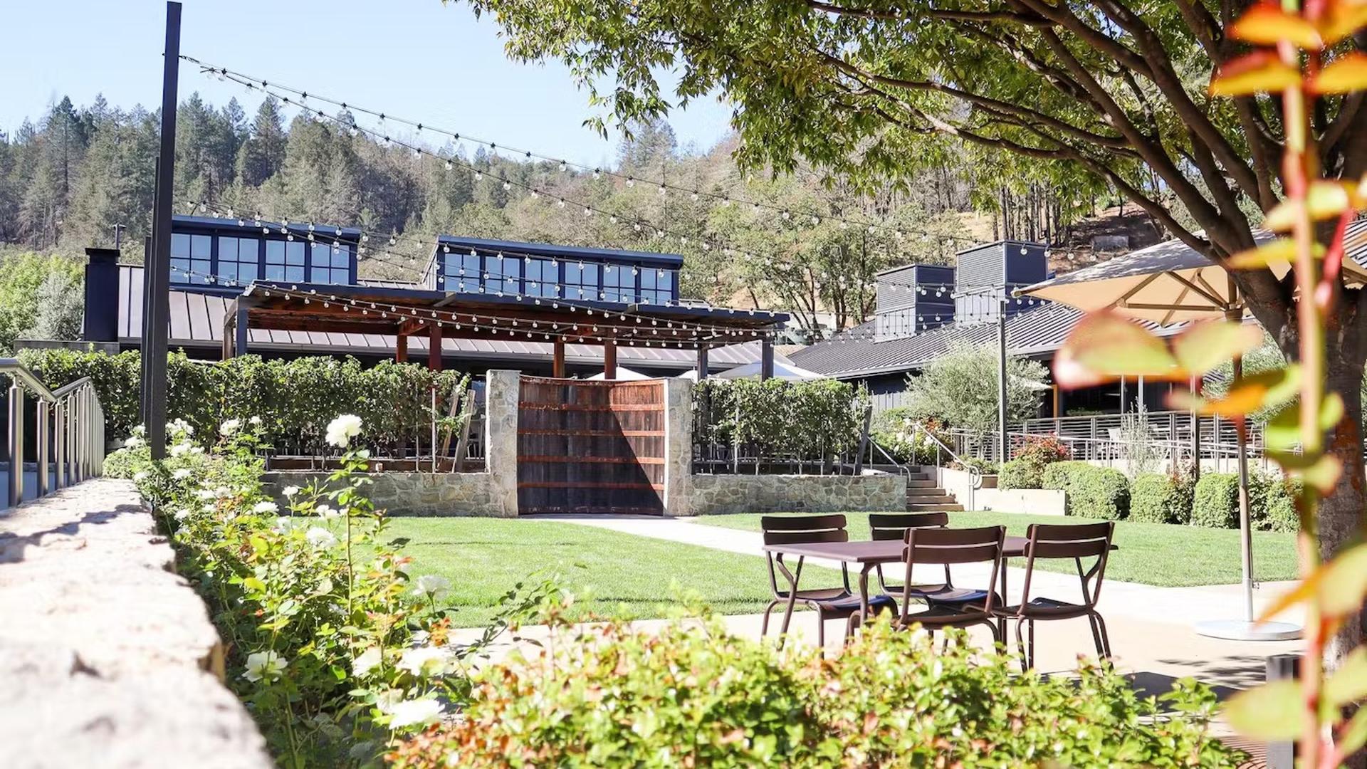 Outdoor dining area with tables and chairs