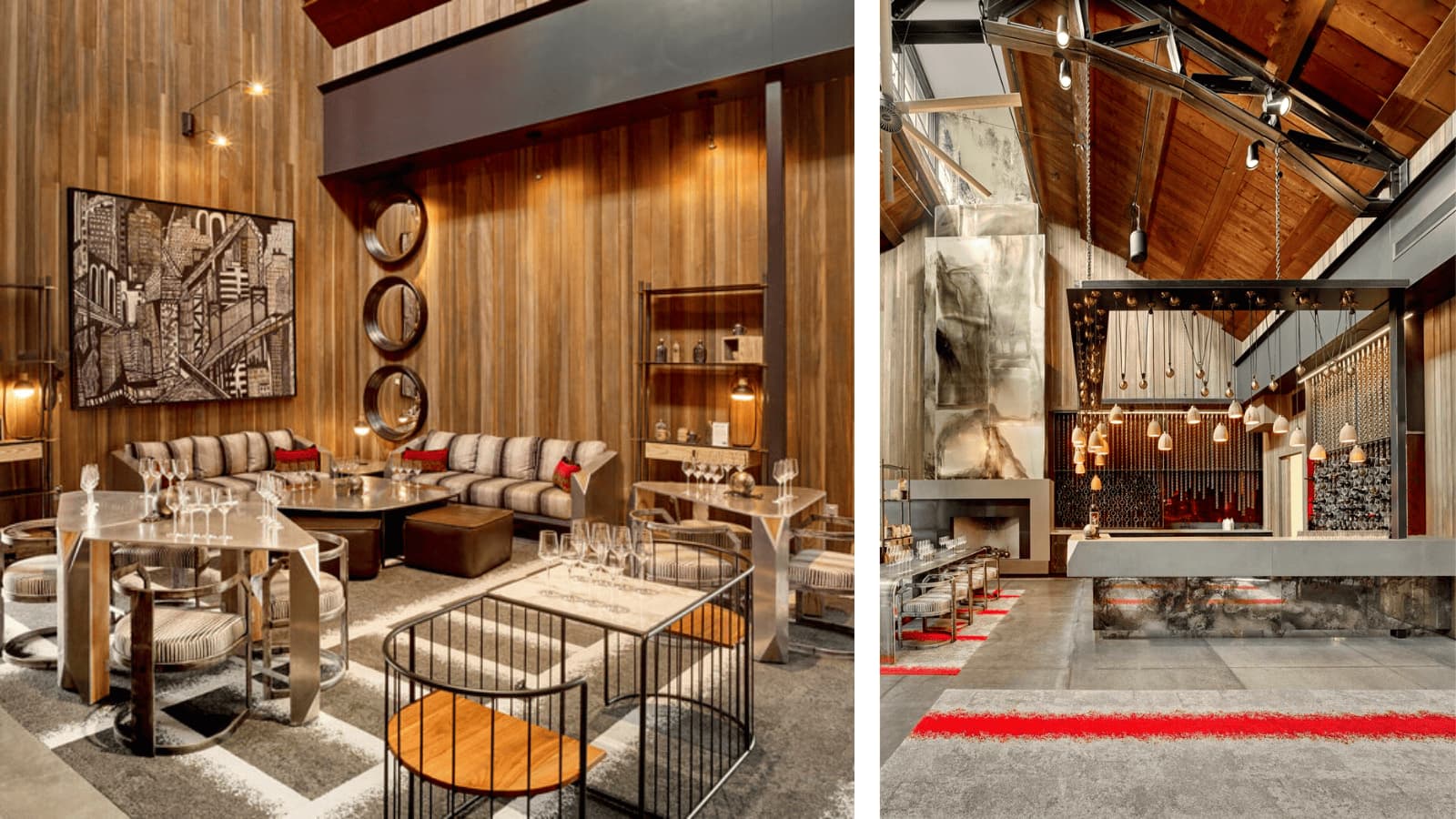Modern lounge and dining area with wooden decor.
