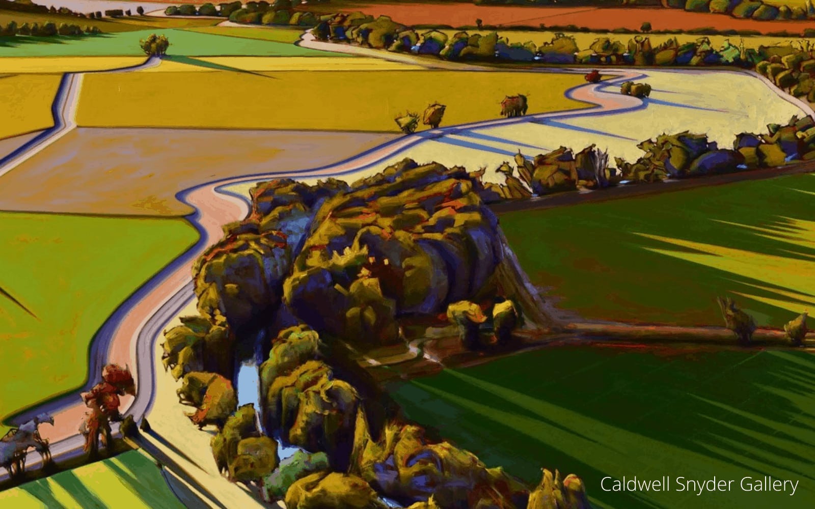 Modern painting of colorful farmland landscape.