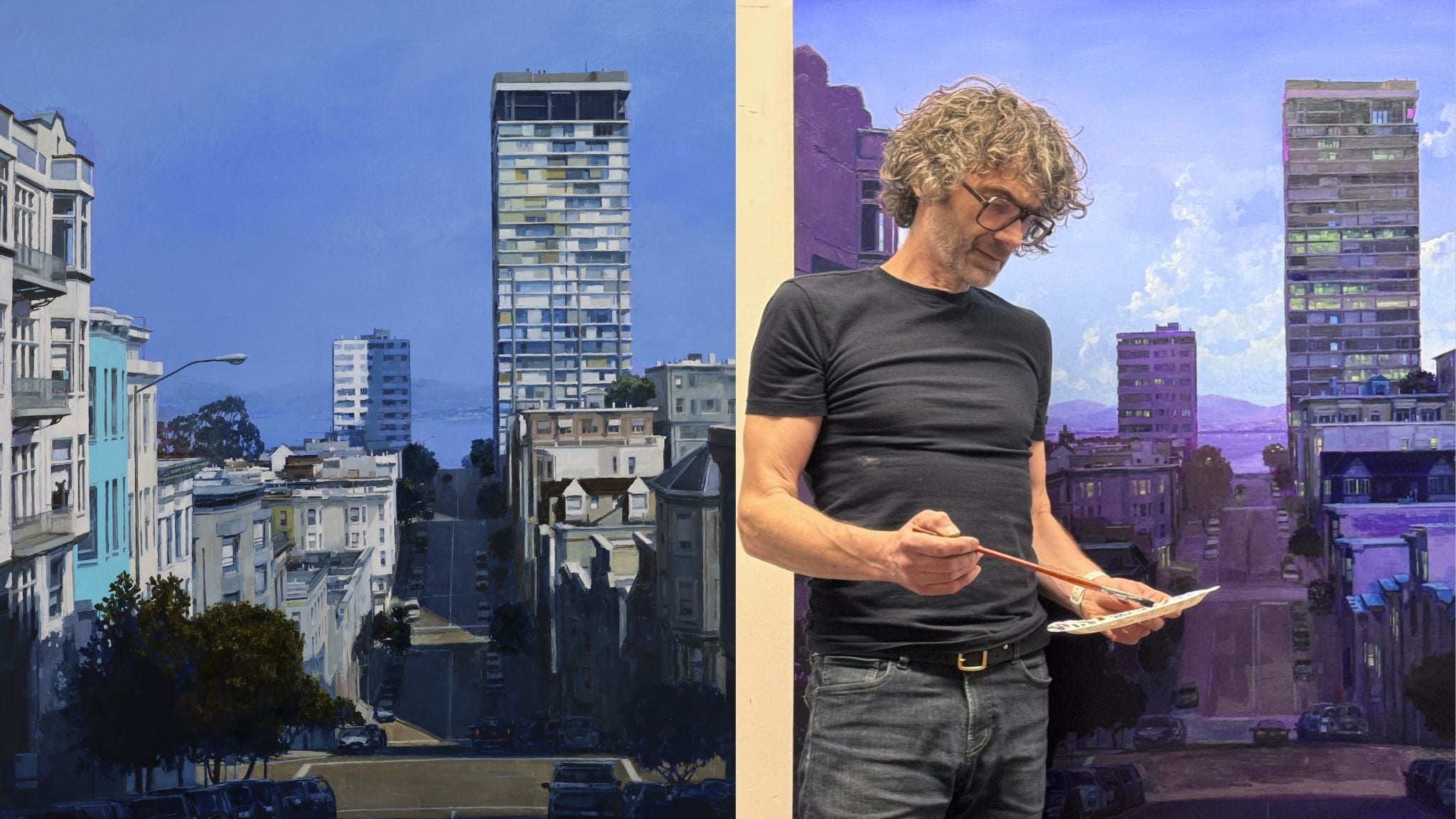 Artist painting urban cityscape in studio