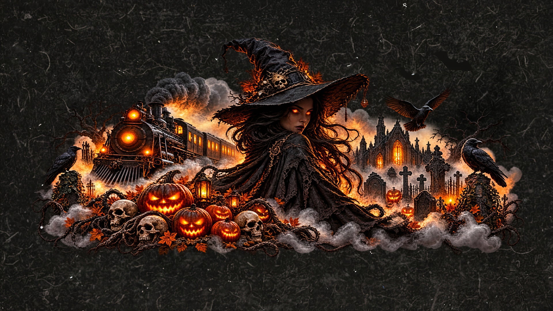 Glowing-eyed witch amid haunted Halloween graveyard scene