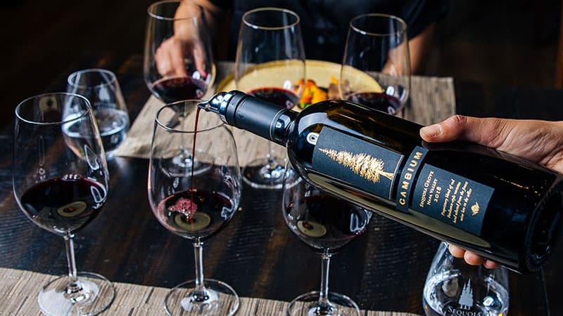 Pouring red wine into glasses on table.
