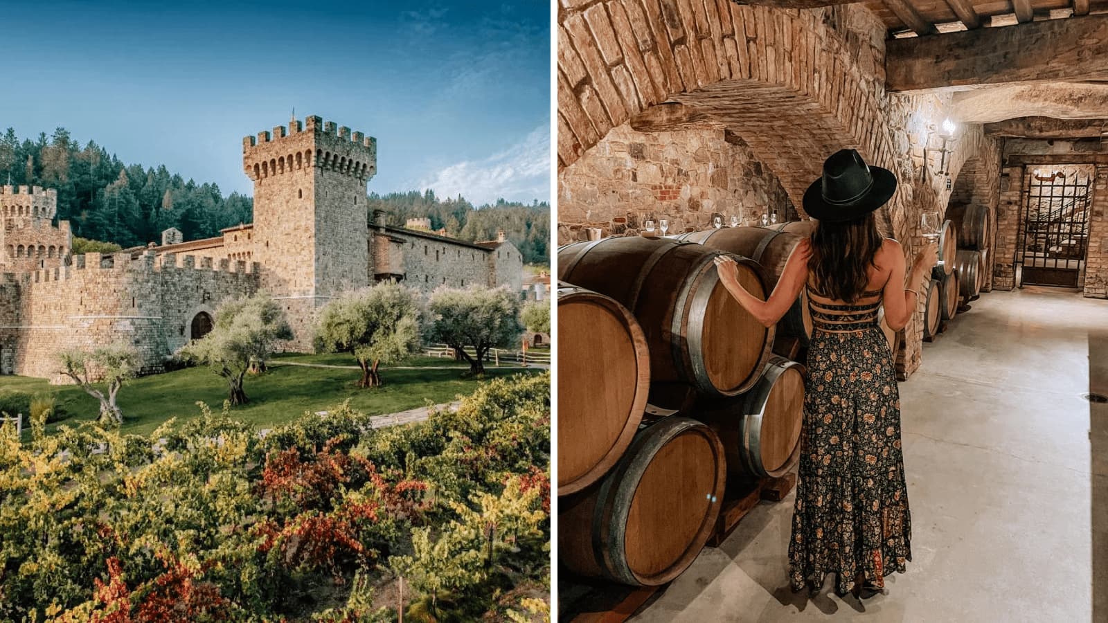 Castle exterior and interior winery scene.