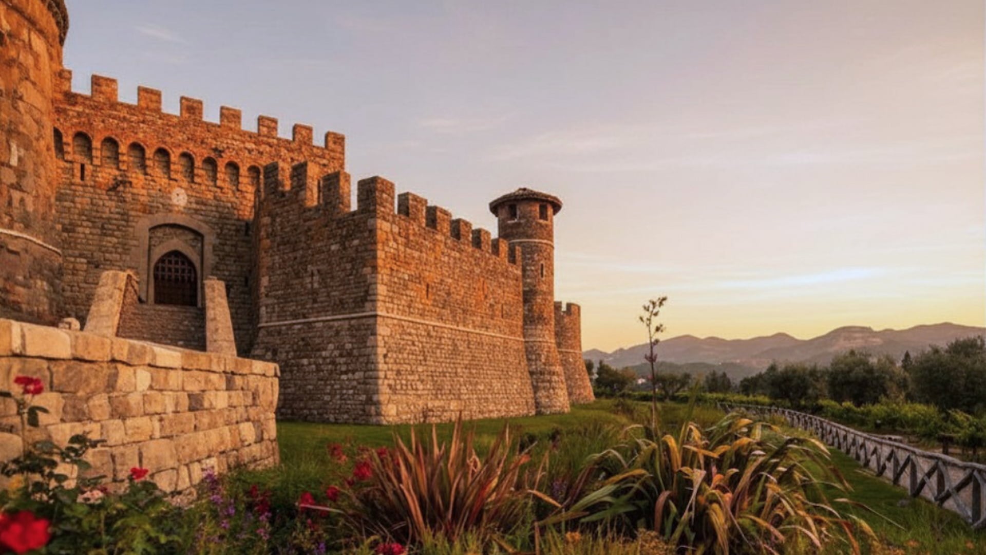 Medieval stone castle at sunset with mountains
