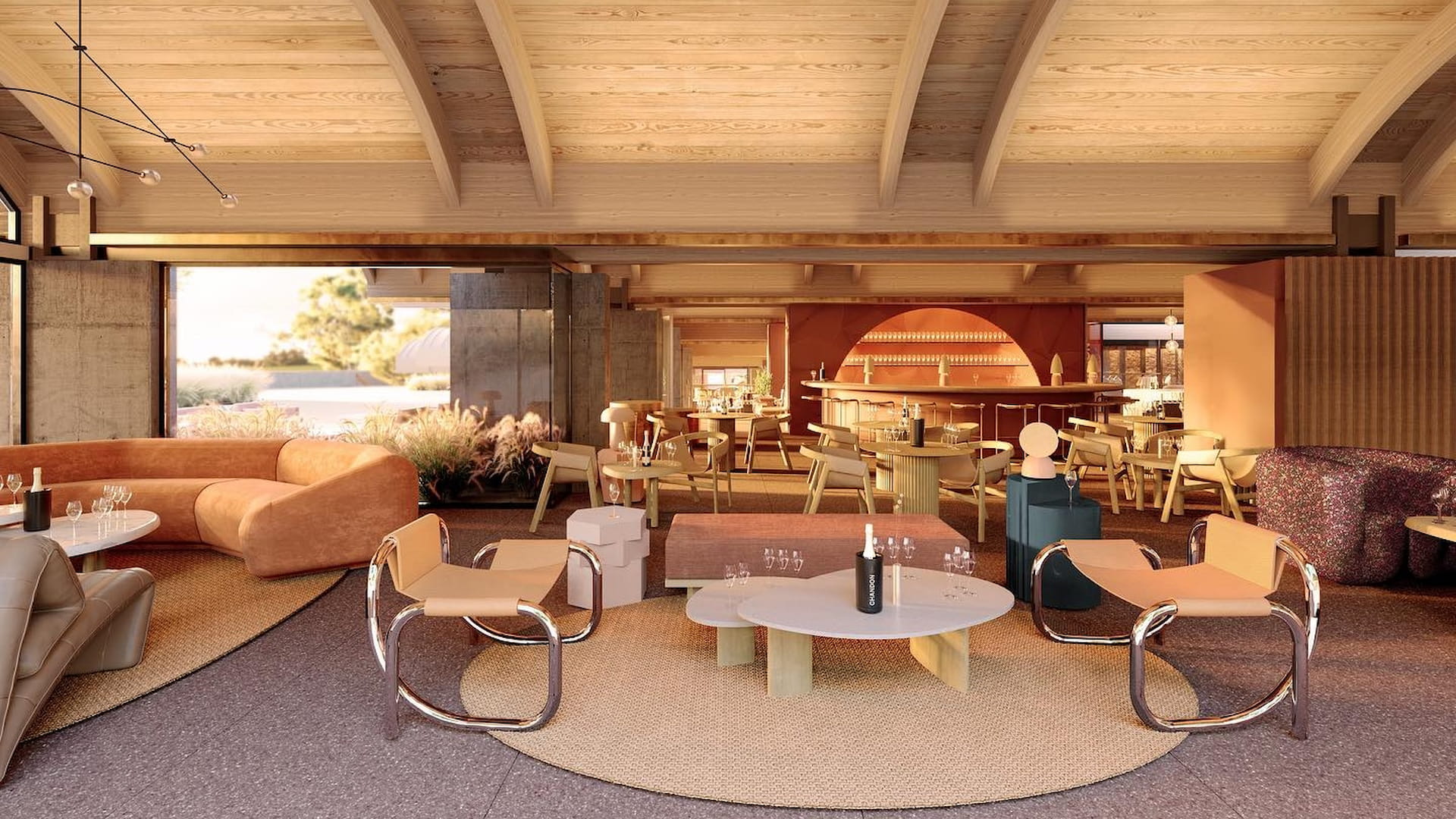 Modern restaurant interior with wooden ceiling and seating.