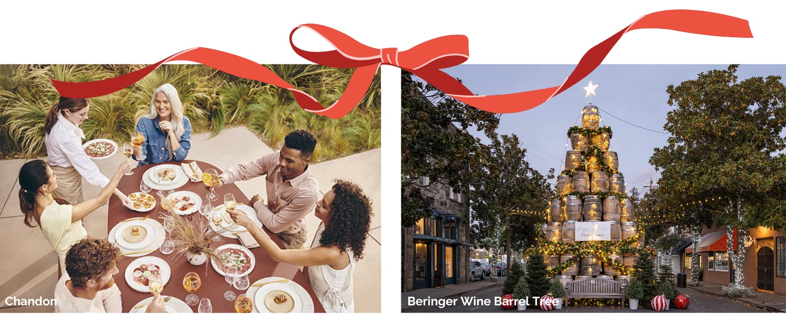 Group dining, festive wine barrel tree scene.