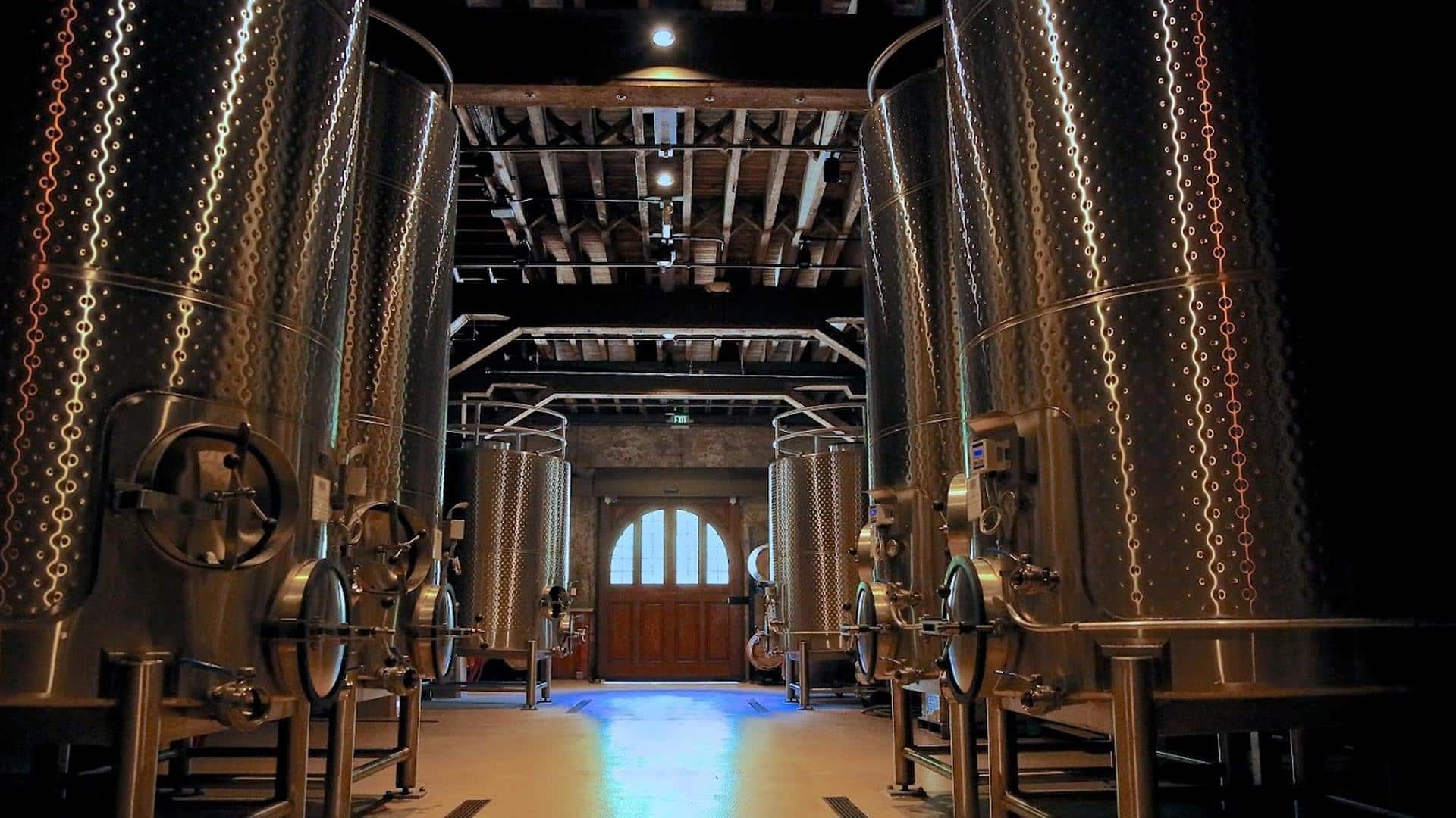 Large stainless steel wine fermentation tanks in cellar.